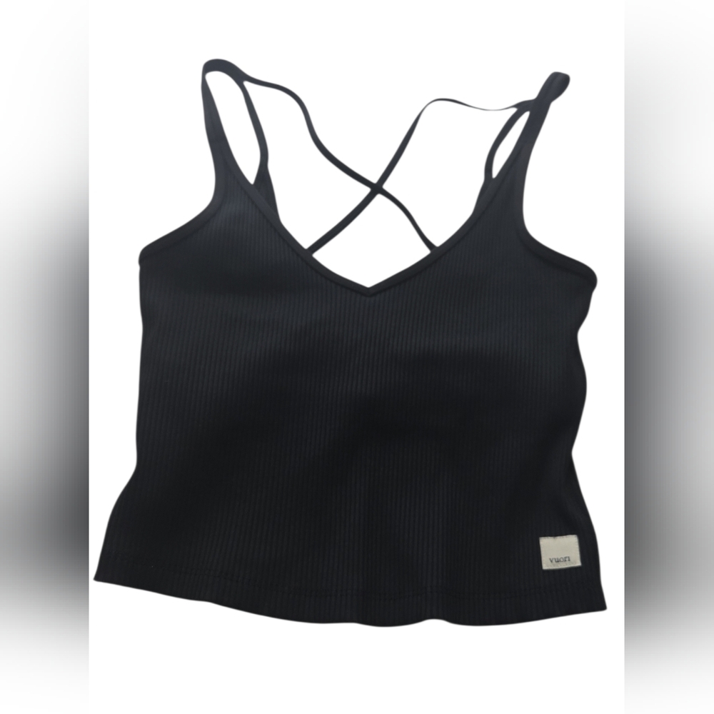 Vuori Black Ribbed Athletic Crop Tank‎ Criss Cross Back